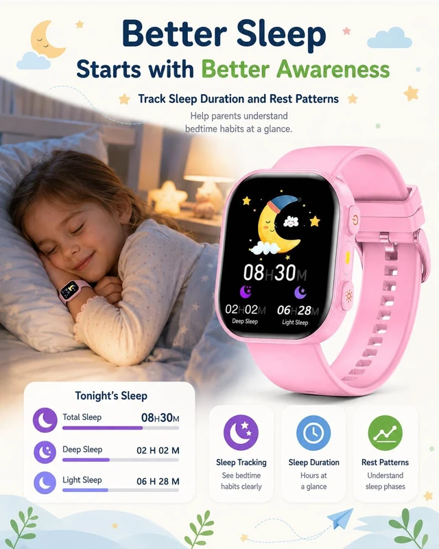 Alt view image 4 of 7 - Smart Watch for Kids No App No Phone Required, Fitness Tracker Watch for Kids with Heart Rate, Blood Oxygen, Sleep Monitor, Pedometer, Puzzle Games, Music, Audio Stories Boys Girls 4-12 Pink