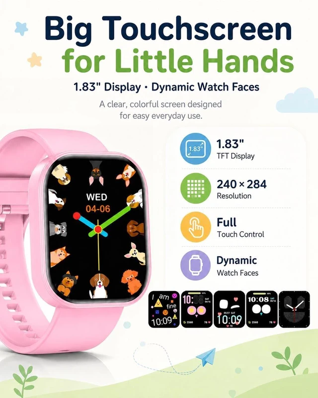 Alt view image 7 of 7 - Smart Watch for Kids No App No Phone Required, Fitness Tracker Watch for Kids with Heart Rate, Blood Oxygen, Sleep Monitor, Pedometer, Puzzle Games, Music, Audio Stories Boys Girls 4-12 Pink