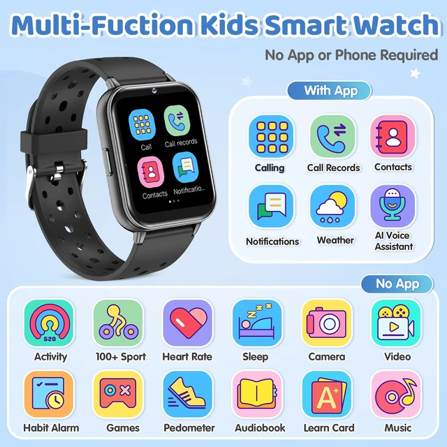 Alt view image 2 of 7 - Smart Watch for Kids 1.83" Fitness Tracker with Pedometer Heart Rate Black | Sleep Monitor, IP68 Waterproof, Activity, 100+Sport Mode, Video, Camera, Music, Games, Dual Bands,Gift for Boys Girls 4-15