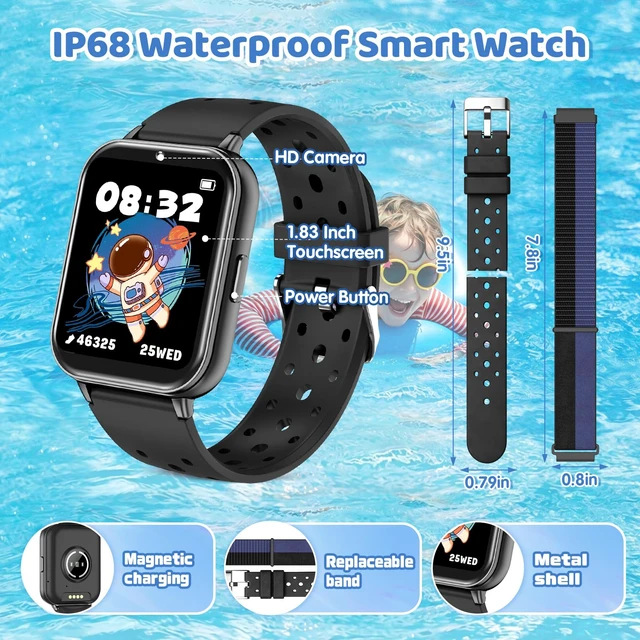 Alt view image 7 of 7 - Smart Watch for Kids 1.83" Fitness Tracker with Pedometer Heart Rate Black | Sleep Monitor, IP68 Waterproof, Activity, 100+Sport Mode, Video, Camera, Music, Games, Dual Bands,Gift for Boys Girls 4-15