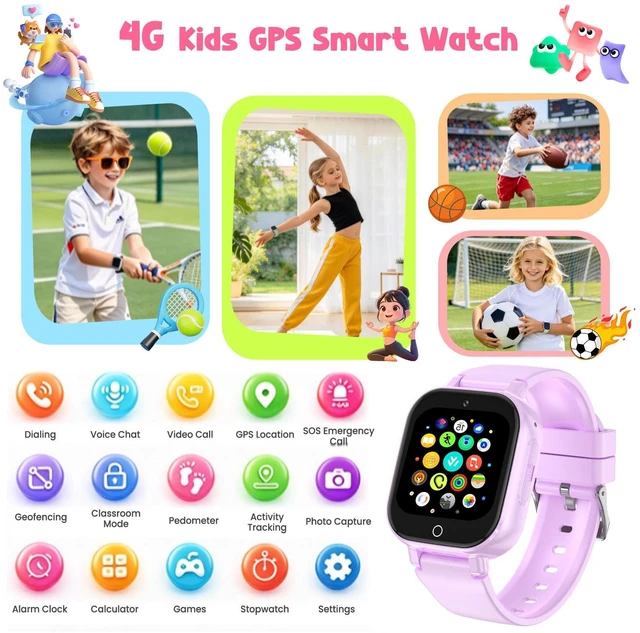 Alt view image 2 of 7 - 4G Kids Smart Watch Boys Girls,GPS Tracker Watch Phone Video SOS Voice Chat | IP68 Smartwatch Gift for Teens 4-12 Years with SIM Card School Mode WIFI SMS Camera Clock Sports Parental APP,(Jet Purple)