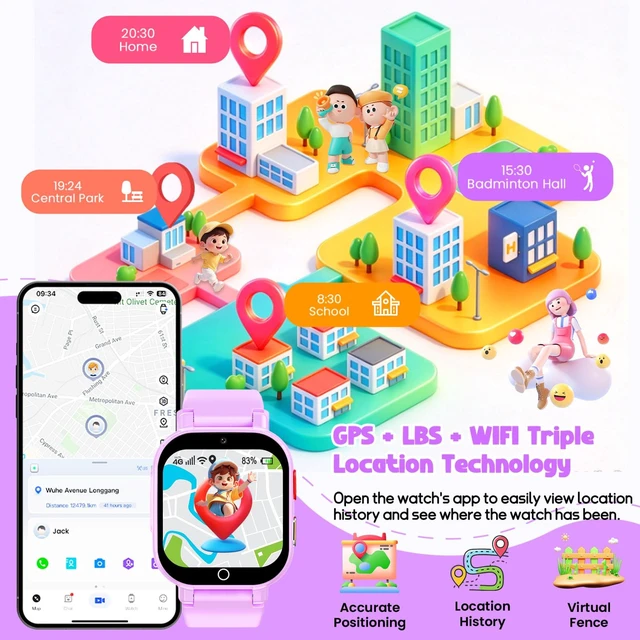 Alt view image 3 of 7 - 4G Kids Smart Watch Boys Girls,GPS Tracker Watch Phone Video SOS Voice Chat | IP68 Smartwatch Gift for Teens 4-12 Years with SIM Card School Mode WIFI SMS Camera Clock Sports Parental APP,(Jet Purple)
