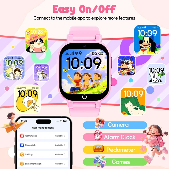 Alt view image 6 of 7 - 4G Kids Smart Watch Boys Girls,GPS Tracker Watch Phone Video SOS Voice Chat | IP68 Smartwatch Gift for Teens 4-12 Years with SIM Card School Mode WIFI SMS Camera Clock Sports Parental APP,(Jet Purple)