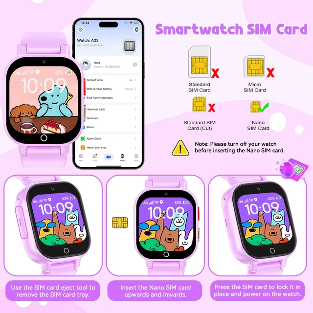 Alt view image 7 of 7 - 4G Kids Smart Watch Boys Girls,GPS Tracker Watch Phone Video SOS Voice Chat | IP68 Smartwatch Gift for Teens 4-12 Years with SIM Card School Mode WIFI SMS Camera Clock Sports Parental APP,(Jet Purple)