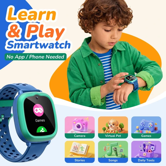 Alt view image 2 of 7 - Kids Smart Watch, Birthday Gift Toy for Girls and Boys Ages 4-12,Blue | No Phone/App Needed,Camera, Parent-Controlled Games, Stories & Songs, Pet Faces, Steps, 14-Day Battery, IP68,2 Bands & Bezels