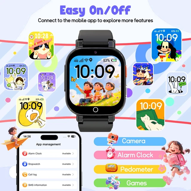 Alt view image 6 of 7 - 4G Kids Smart Watch Boys Girls,GPS Tracker Watch Phone Video SOS Voice Chat | IP68 Smartwatch Gift for Teens 4-12 Years with SIM Card School Mode WIFI SMS Camera Clock Sports Parental APP