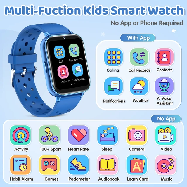 Alt view image 2 of 7 - Kids Smart Watch No Phone Needed 1.83" Fitness Tracker Watch with Pedometer | Heart Rate, Sleep Monitor, 100+ Sport Mode,IP68 Waterproof,Camera, Music, Game, Bluetooth Calling for Boys Girls 5-16 Blue