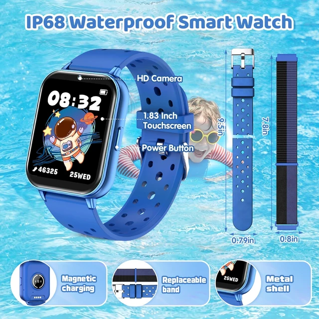 Alt view image 7 of 7 - Kids Smart Watch No Phone Needed 1.83" Fitness Tracker Watch with Pedometer | Heart Rate, Sleep Monitor, 100+ Sport Mode,IP68 Waterproof,Camera, Music, Game, Bluetooth Calling for Boys Girls 5-16 Blue