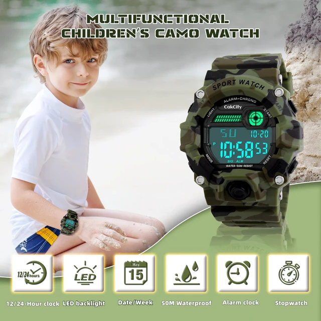 Alt view image 2 of 7 - Boys Camouflage LED Sport Watch,Digital Military Wrist Kids Watch | 5ATM Waterproof,Silicone Band, EL Backlight,Luminous, Alarm, Stopwatch, Shockproof,Calendar,Large Dial,Military Time