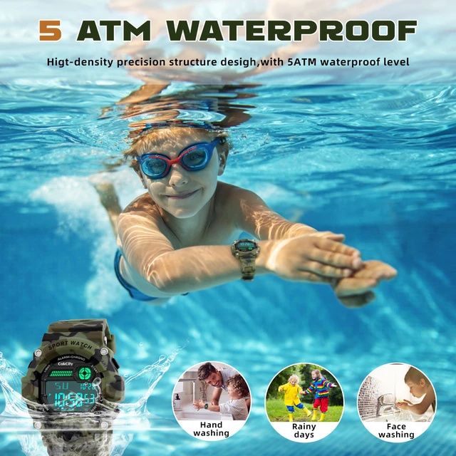 Alt view image 3 of 7 - Boys Camouflage LED Sport Watch,Digital Military Wrist Kids Watch | 5ATM Waterproof,Silicone Band, EL Backlight,Luminous, Alarm, Stopwatch, Shockproof,Calendar,Large Dial,Military Time