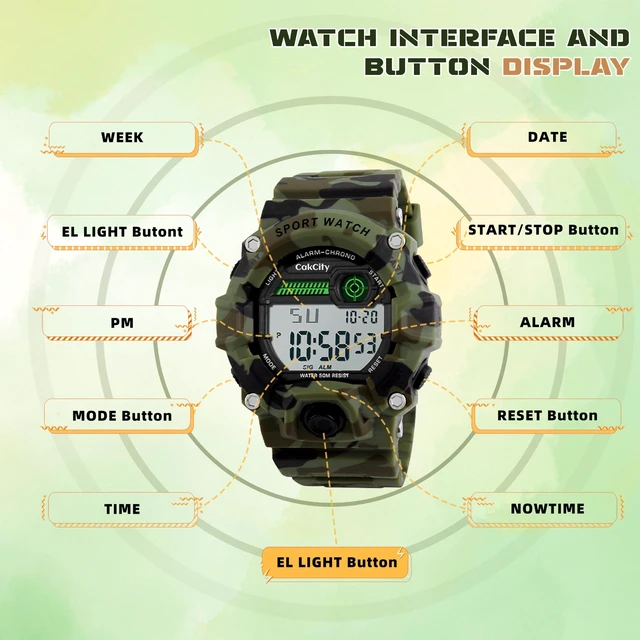 Alt view image 7 of 7 - Boys Camouflage LED Sport Watch,Digital Military Wrist Kids Watch | 5ATM Waterproof,Silicone Band, EL Backlight,Luminous, Alarm, Stopwatch, Shockproof,Calendar,Large Dial,Military Time