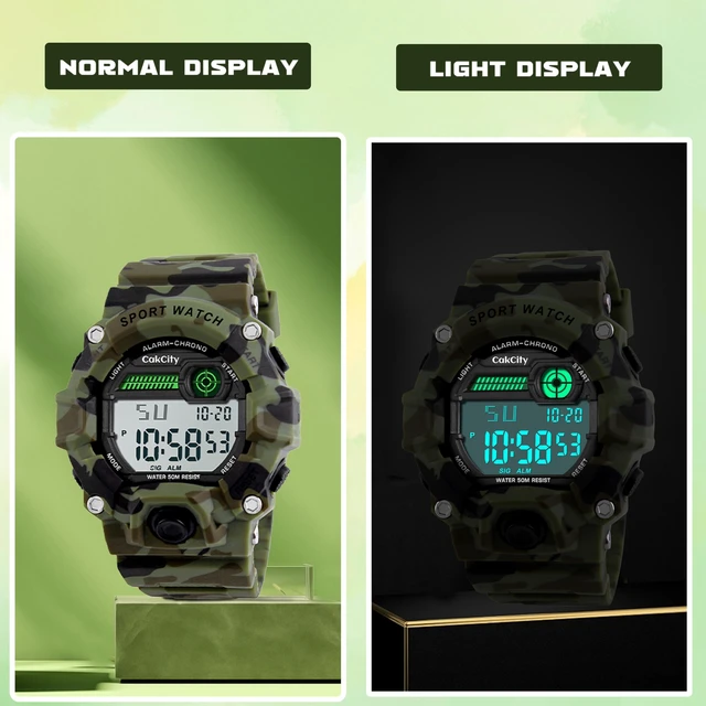 Alt view image 5 of 7 - Boys Camouflage LED Sport Watch,Digital Military Wrist Kids Watch | 5ATM Waterproof,Silicone Band, EL Backlight,Luminous, Alarm, Stopwatch, Shockproof,Calendar,Large Dial,Military Time
