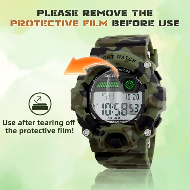 Alt view image 6 of 7 - Boys Camouflage LED Sport Watch,Digital Military Wrist Kids Watch | 5ATM Waterproof,Silicone Band, EL Backlight,Luminous, Alarm, Stopwatch, Shockproof,Calendar,Large Dial,Military Time