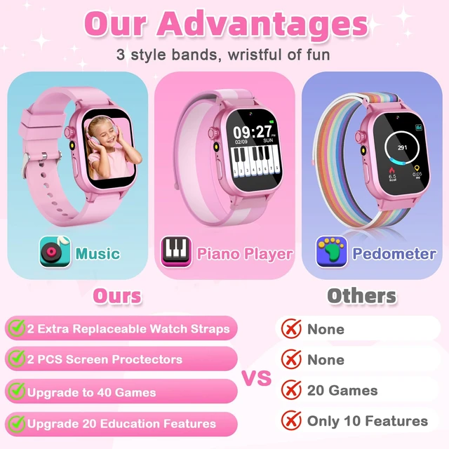 Alt view image 3 of 7 - Kids Smart Watch Girls Gift for Girl Aged 5-12, 40 Games, Camera Video Pink | HD Touchscreen Kids Watch, Music, Pedometer,Habit Tracking, Story,Learn Card,Toy Birthday Gifts for Girls Age 5 6 7 8 9 10