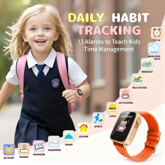 Alt view image 4 of 7 - Kids Watches for Girls Toys Age 4-12, Orange Smart Watch for Kids with Camera, 26 Puzzle Games, Alarm Clock, Pedometer, Audiobook, Learn Card, Toddler Girl Watch Birthday Gift for 8 9 10 Year Old