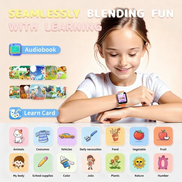 Alt view image 6 of 7 - Kids Watches for Girls Toys Age 4-12, Orange Smart Watch for Kids with Camera, 26 Puzzle Games, Alarm Clock, Pedometer, Audiobook, Learn Card, Toddler Girl Watch Birthday Gift for 8 9 10 Year Old