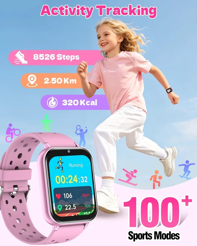 Alt view image 3 of 7 - Kids Waterproof Smart Watch,1.83" Fitness Tracker Watch with Heart Rate, | Sleep Monitor, Pedometer, Camera, AI Voice, Games,100+ Sport Mode, Dual Bands, NO APP/Phone,Gift for Girls Teens 5-16(Pink)