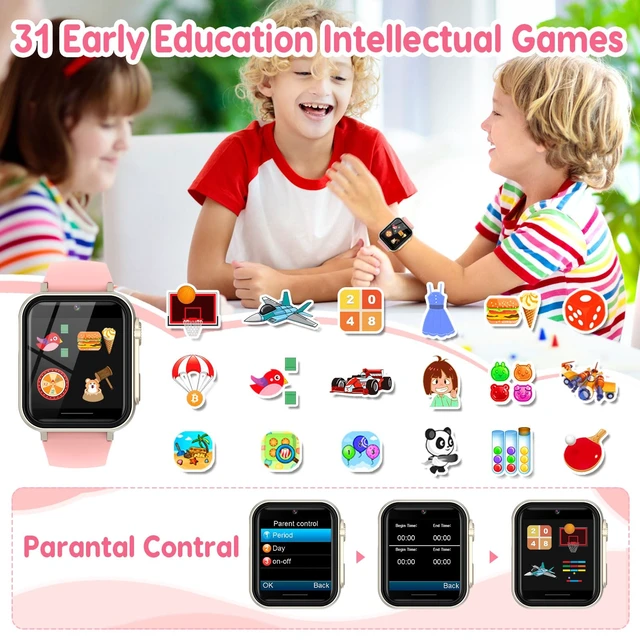Alt view image 3 of 7 - Smart Watch for Kids for Girls Ages 4-12 - Includes Screen Protector, 30+ Games, 140 Learning Cards, HD Touch Screen, Camera, Music, Pedometer - Fun & Educational Birthday Gift Idea (Pink)