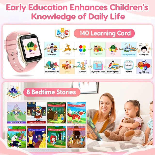 Alt view image 6 of 7 - Smart Watch for Kids for Girls Ages 4-12 - Includes Screen Protector, 30+ Games, 140 Learning Cards, HD Touch Screen, Camera, Music, Pedometer - Fun & Educational Birthday Gift Idea (Pink)