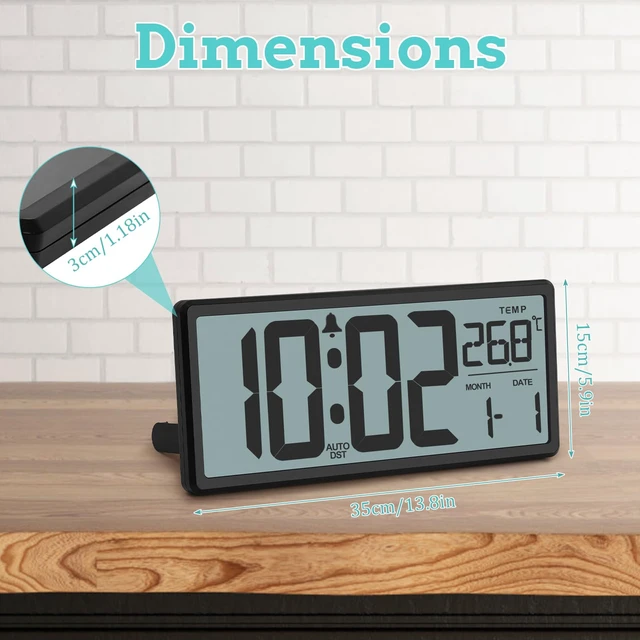 Alt view image 2 of 7 - 13.8" Auto Set Digital Wall Clock, Auto DST Alarm Clock Battery Operated | Wall/Desktop Clock for Bedroom, Classroom, Office, Large Display with Alarm Function, Temperature, Date and Day, Humidity