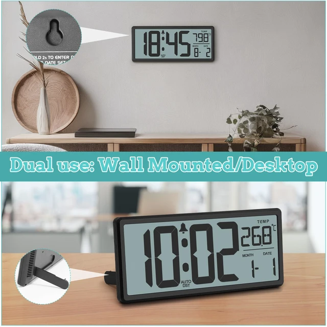 Alt view image 3 of 7 - 13.8" Auto Set Digital Wall Clock, Auto DST Alarm Clock Battery Operated | Wall/Desktop Clock for Bedroom, Classroom, Office, Large Display with Alarm Function, Temperature, Date and Day, Humidity