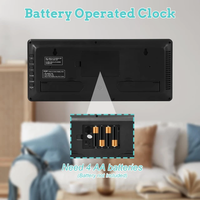 Alt view image 4 of 7 - 13.8" Auto Set Digital Wall Clock, Auto DST Alarm Clock Battery Operated | Wall/Desktop Clock for Bedroom, Classroom, Office, Large Display with Alarm Function, Temperature, Date and Day, Humidity
