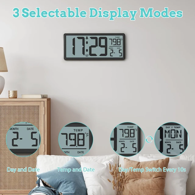 Alt view image 5 of 7 - 13.8" Auto Set Digital Wall Clock, Auto DST Alarm Clock Battery Operated | Wall/Desktop Clock for Bedroom, Classroom, Office, Large Display with Alarm Function, Temperature, Date and Day, Humidity