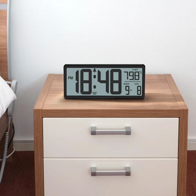 Alt view image 7 of 7 - 13.8" Auto Set Digital Wall Clock, Auto DST Alarm Clock Battery Operated | Wall/Desktop Clock for Bedroom, Classroom, Office, Large Display with Alarm Function, Temperature, Date and Day, Humidity