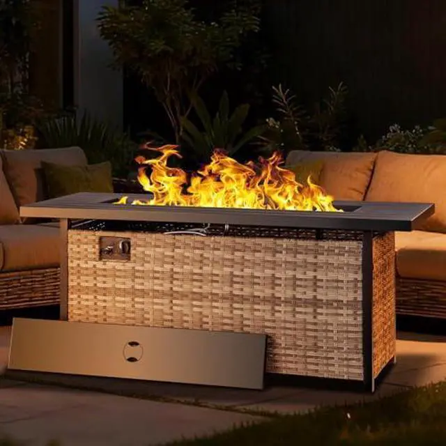 Main image of EcoNook 57 inch Propane fire Pit Table with Waterproof Cover & Ratten Side Panel, 50000 BTU Gas Firepit Table with Lid & Lava Rock, Outdoor Fire Pit for Dining or Party, Firepit for Outside, Patio