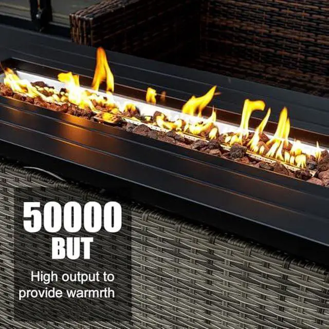 Alt view image 3 of 7 - EcoNook 57 inch Propane fire Pit Table with Waterproof Cover & Ratten Side Panel, 50000 BTU Gas Firepit Table with Lid & Lava Rock, Outdoor Fire Pit for Dining or Party, Firepit for Outside, Patio