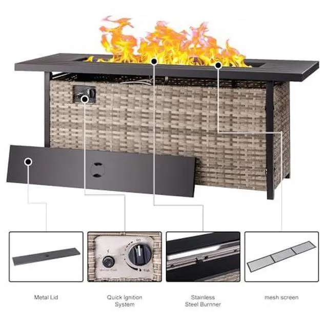 Alt view image 6 of 7 - EcoNook 57 inch Propane fire Pit Table with Waterproof Cover & Ratten Side Panel, 50000 BTU Gas Firepit Table with Lid & Lava Rock, Outdoor Fire Pit for Dining or Party, Firepit for Outside, Patio
