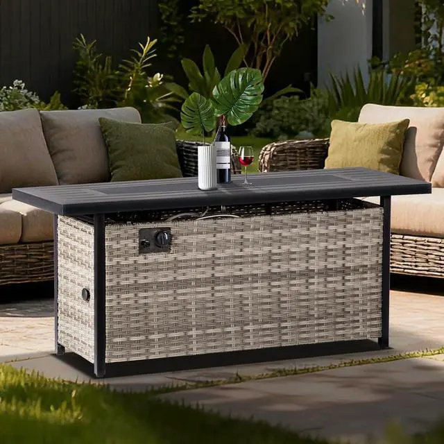 Alt view image 7 of 7 - EcoNook 57 inch Propane fire Pit Table with Waterproof Cover & Ratten Side Panel, 50000 BTU Gas Firepit Table with Lid & Lava Rock, Outdoor Fire Pit for Dining or Party, Firepit for Outside, Patio