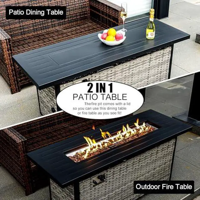 Alt view image 4 of 7 - EcoNook 57 inch Propane fire Pit Table with Waterproof Cover & Ratten Side Panel, 50000 BTU Gas Firepit Table with Lid & Lava Rock, Outdoor Fire Pit for Dining or Party, Firepit for Outside, Patio