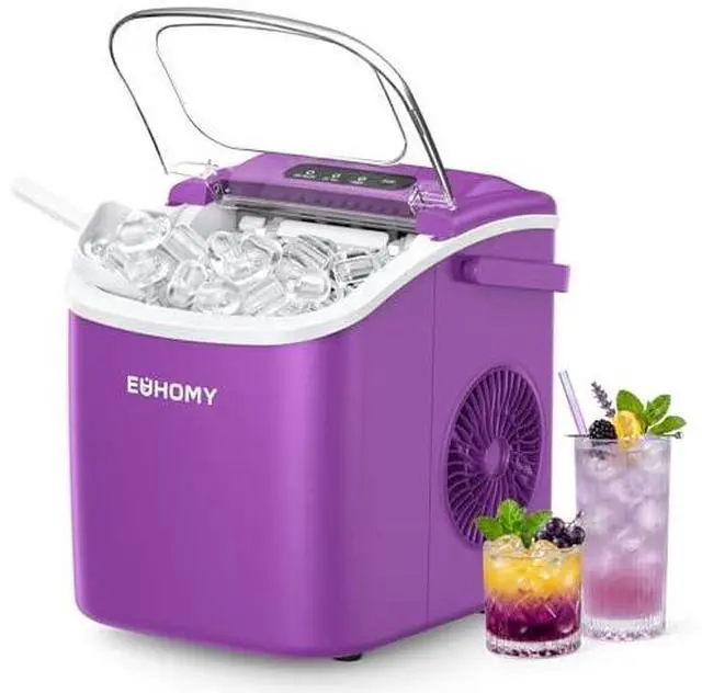 Main image of EUHOMY Countertop Ice Maker Machine with Handle, 26lbs Per Day, 9 Ice Cubes Ready in 6 Mins, Auto-Cleaning Portable Ice Maker with Basket and Scoop, for Home/Kitchen/Camping/RV (Purple)