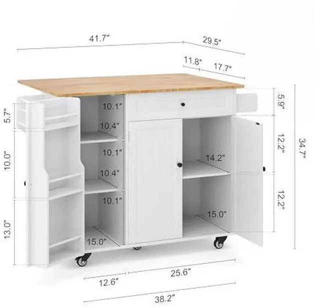 Alt view image 2 of 7 - Ahomly Kitchen Island with Storage, Island Table for Kitchen with Drop Leaf, 5 Wheels, Interal Storage Rack, a Drawer, Spicy Rack and Towel Bar, Sufficient Countertop Space and Storage, White
