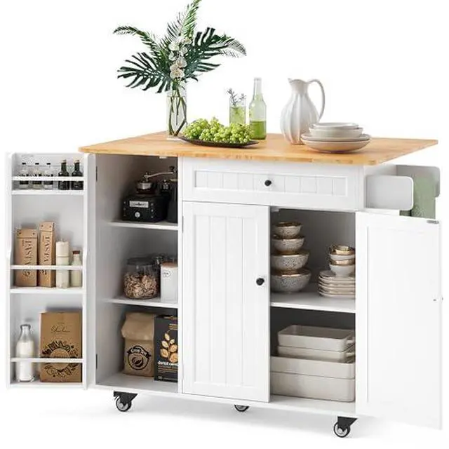 Main image of Ahomly Kitchen Island with Storage, Island Table for Kitchen with Drop Leaf, 5 Wheels, Interal Storage Rack, a Drawer, Spicy Rack and Towel Bar, Sufficient Countertop Space and Storage, White