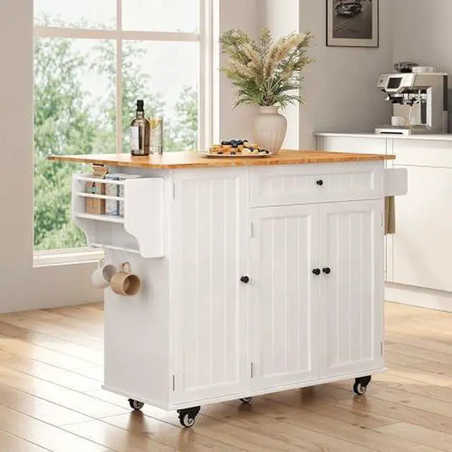 Alt view image 3 of 7 - Ahomly Kitchen Island with Storage, Island Table for Kitchen with Drop Leaf, 5 Wheels, Interal Storage Rack, a Drawer, Spicy Rack and Towel Bar, Sufficient Countertop Space and Storage, White