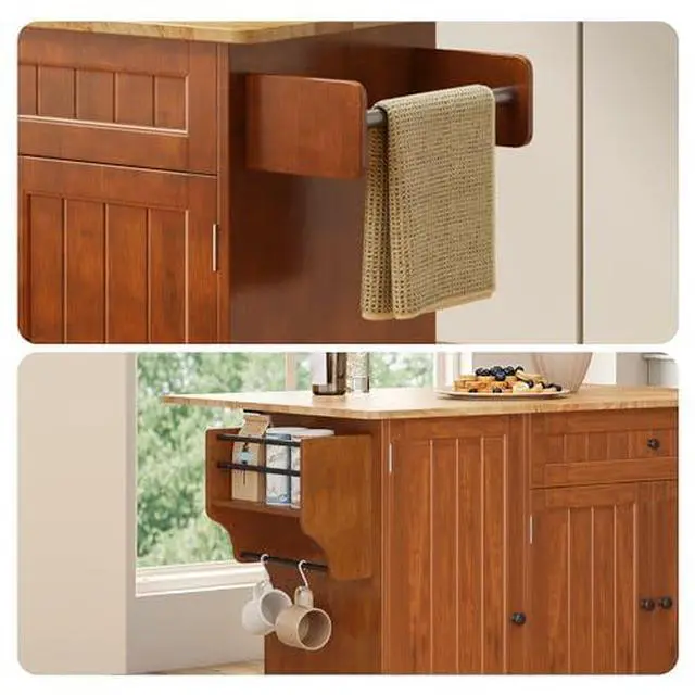Alt view image 3 of 7 - Ahomly Kitchen Island with Storage, Rolling Kitchen Island on Wheels with Drop Leaf, Interal Storage Rack, a Drawer, Spicy Rack and Towel Bar, Mobile Island Table for Kitchen, Brown