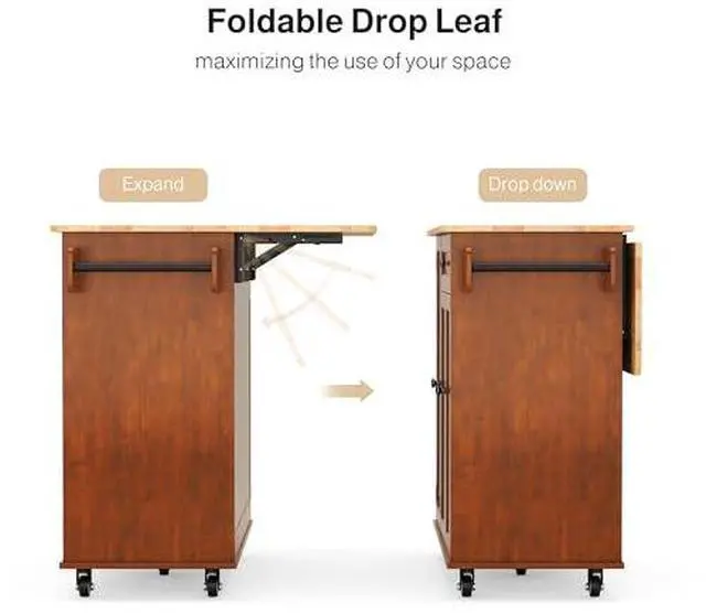 Alt view image 5 of 7 - Ahomly Kitchen Island with Storage, Rolling Kitchen Island on Wheels with Drop Leaf, Interal Storage Rack, a Drawer, Spicy Rack and Towel Bar, Mobile Island Table for Kitchen, Brown
