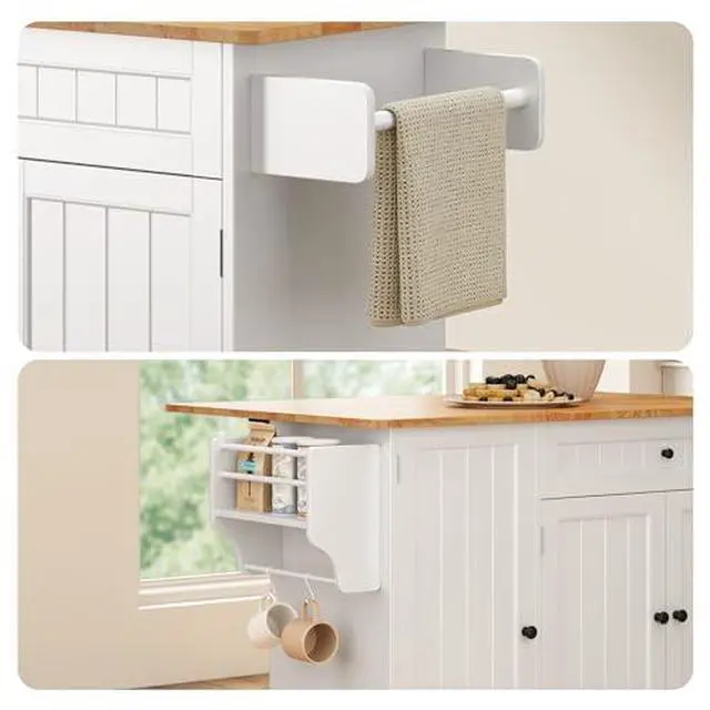 Alt view image 5 of 7 - Ahomly Kitchen Island with Storage, Island Table for Kitchen with Drop Leaf, 5 Wheels, Interal Storage Rack, a Drawer, Spicy Rack and Towel Bar, Sufficient Countertop Space and Storage, White