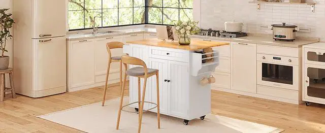 Alt view image 7 of 7 - Ahomly Kitchen Island with Storage, Island Table for Kitchen with Drop Leaf, 5 Wheels, Interal Storage Rack, a Drawer, Spicy Rack and Towel Bar, Sufficient Countertop Space and Storage, White