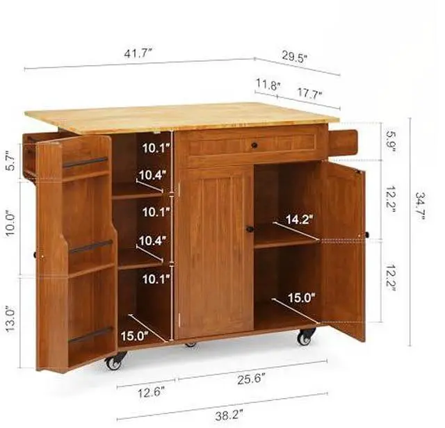 Alt view image 2 of 7 - Ahomly Kitchen Island with Storage, Rolling Kitchen Island on Wheels with Drop Leaf, Interal Storage Rack, a Drawer, Spicy Rack and Towel Bar, Mobile Island Table for Kitchen, Brown