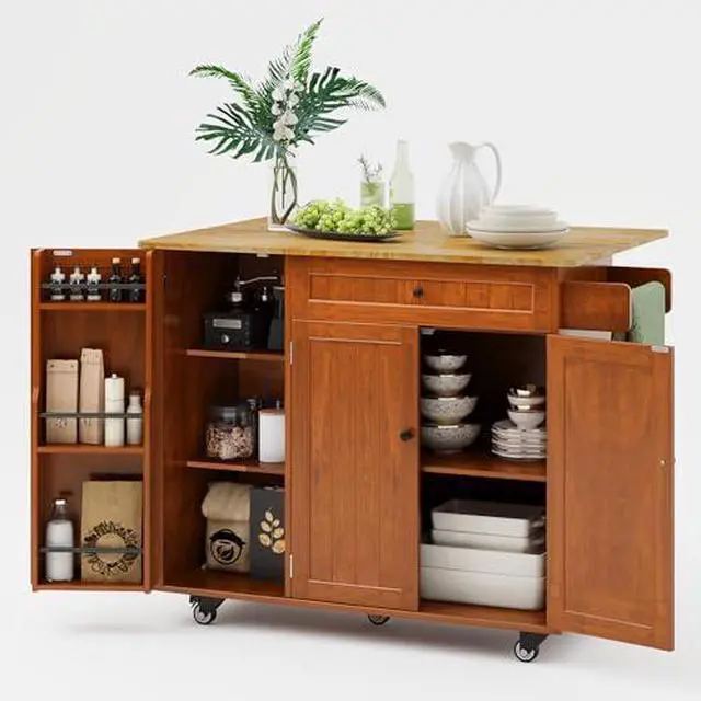 Main image of Ahomly Kitchen Island with Storage, Rolling Kitchen Island on Wheels with Drop Leaf, Interal Storage Rack, a Drawer, Spicy Rack and Towel Bar, Mobile Island Table for Kitchen, Brown