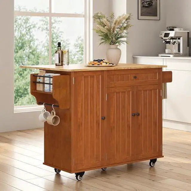 Alt view image 6 of 7 - Ahomly Kitchen Island with Storage, Rolling Kitchen Island on Wheels with Drop Leaf, Interal Storage Rack, a Drawer, Spicy Rack and Towel Bar, Mobile Island Table for Kitchen, Brown
