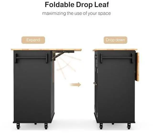 Alt view image 4 of 7 - Ahomly Kitchen Island with Storage, Island Table for Kitchen with Drop Leaf, 5 Wheels, a Drawer, Spicy Rack and Towel Bar, Black