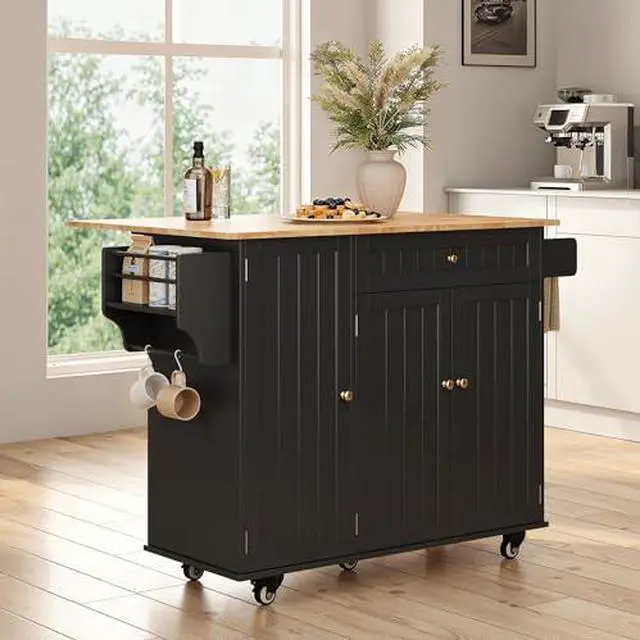 Alt view image 7 of 7 - Ahomly Kitchen Island with Storage, Island Table for Kitchen with Drop Leaf, 5 Wheels, a Drawer, Spicy Rack and Towel Bar, Black