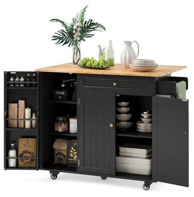 Main image of Ahomly Kitchen Island with Storage, Island Table for Kitchen with Drop Leaf, 5 Wheels, a Drawer, Spicy Rack and Towel Bar, Black