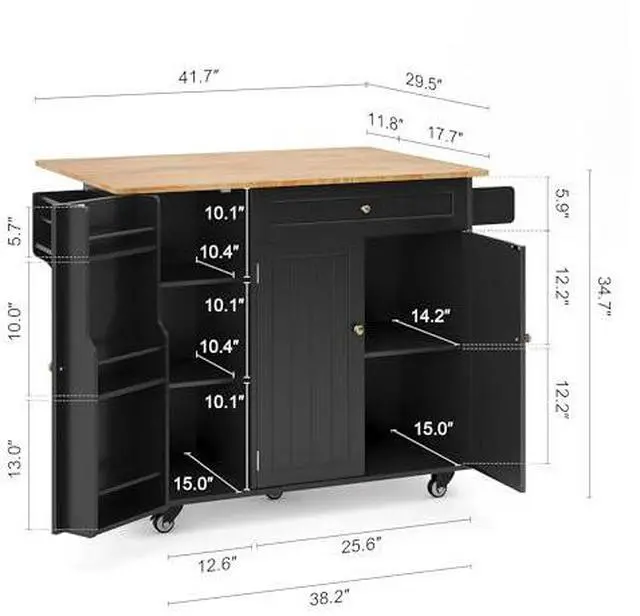 Alt view image 2 of 7 - Ahomly Kitchen Island with Storage, Island Table for Kitchen with Drop Leaf, 5 Wheels, a Drawer, Spicy Rack and Towel Bar, Black