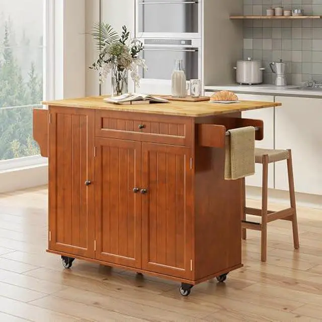 Alt view image 4 of 7 - Ahomly Kitchen Island with Storage, Rolling Kitchen Island on Wheels with Drop Leaf, Interal Storage Rack, a Drawer, Spicy Rack and Towel Bar, Mobile Island Table for Kitchen, Brown