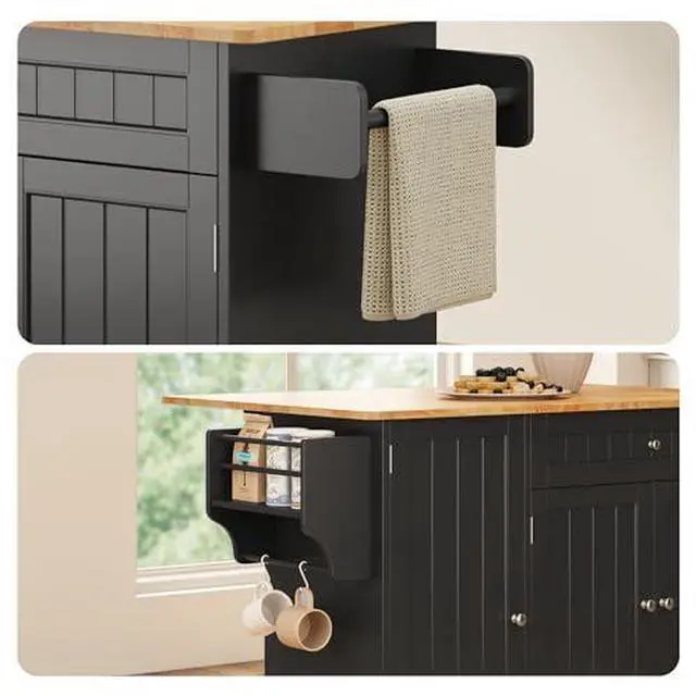 Alt view image 3 of 7 - Ahomly Kitchen Island with Storage, Island Table for Kitchen with Drop Leaf, 5 Wheels, a Drawer, Spicy Rack and Towel Bar, Black